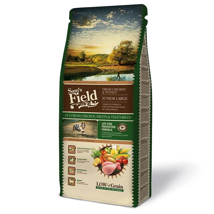 Sam’s Field Junior Large Breed sausā suņu barība ar vistu 13 kg